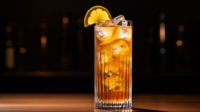 Long Island Ice Tea Verre de cocktail avec glaçons et une rondelle d'orange sur le rebord.