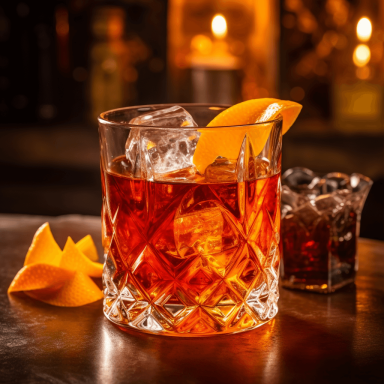 Negroni Verre de cocktail avec glaçons, garnie d'une peau d'orange, sur un comptoir en bois.