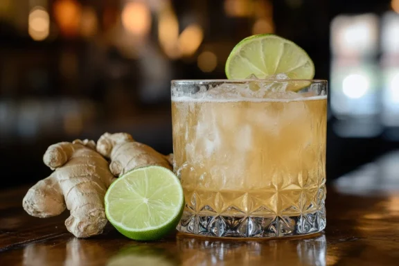 Ginger Power Un verre de cocktail avec du gingembre et un quartier de lime sur une table en bois.