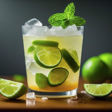 Caipirinha Verre de cocktail avec glace, rondelles de citron vert et feuilles de menthe.
