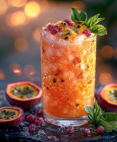 Hurricane Verre de cocktail orange avec fruits de la passion et framboises, décoré de menthe.