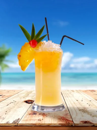 Kamasutra des îles Cocktail tropical avec ananas et cerise, sur une table en bois devant la plage.