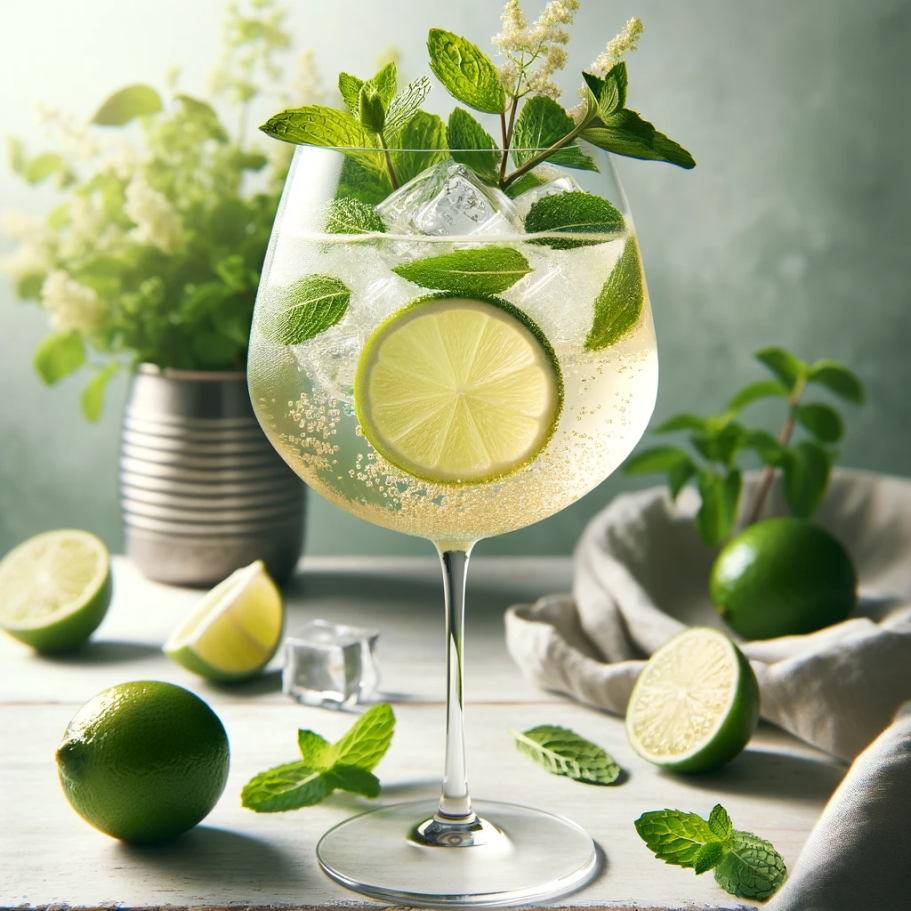 Elderflower Breeze Un cocktail rafraîchissant à base de citron vert et de menthe dans un verre.