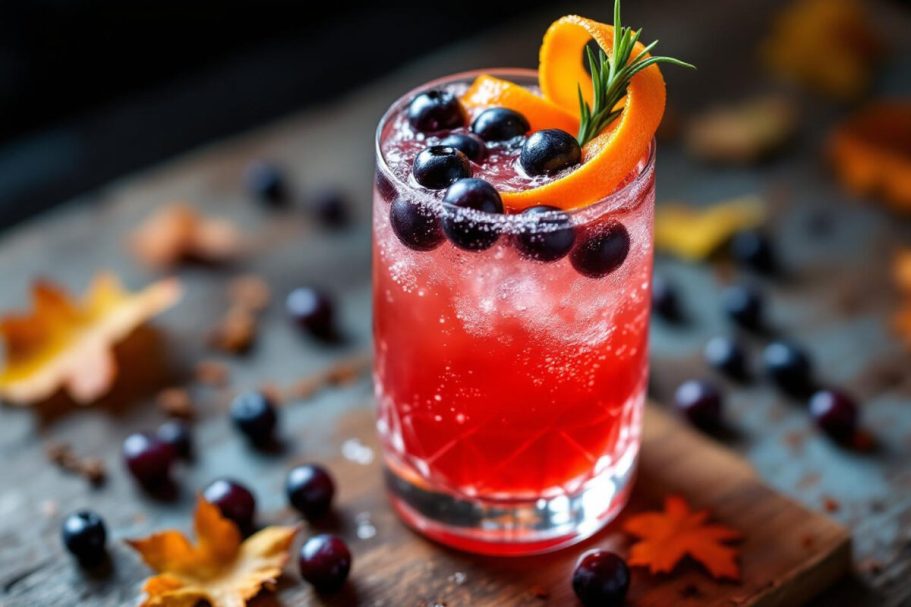 Midnight Spritz Boisson pétillante rouge avec des baies, orange et herbes sur un fond de feuilles d'automne.