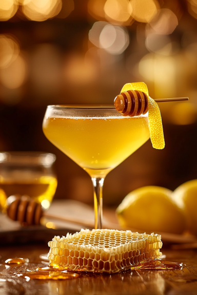 Honey Bee Cocktail jaune avec du miel, citron et une tranche de citron, sur un fond chaleureux.