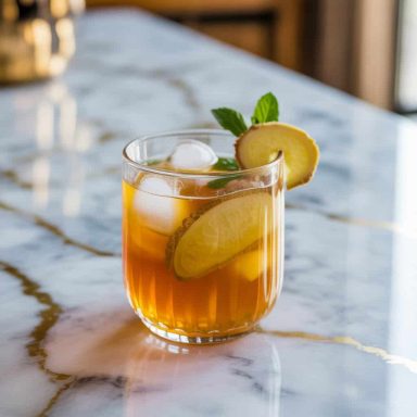 Ginger Punch Cocktail dans un verre avec des tranches de pomme et de la menthe, sur une table en marbre.